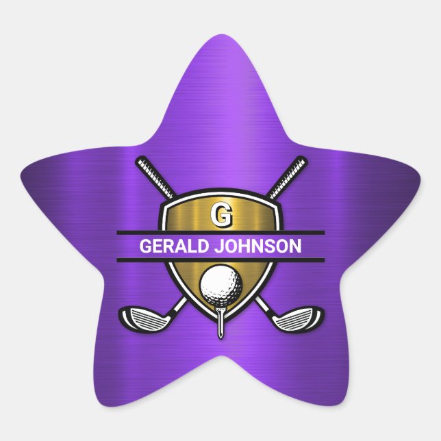 Elegant Gold Shield Golf Monogram Design Star Sticker (Front)
