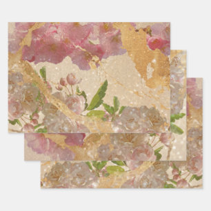 Elegant Gold Shimmer Floral Decoupage Design Wrapping Paper Sheets