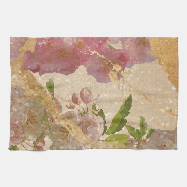 Elegant Gold Shimmer Floral Decoupage Kitchen Towel (Horizontal)