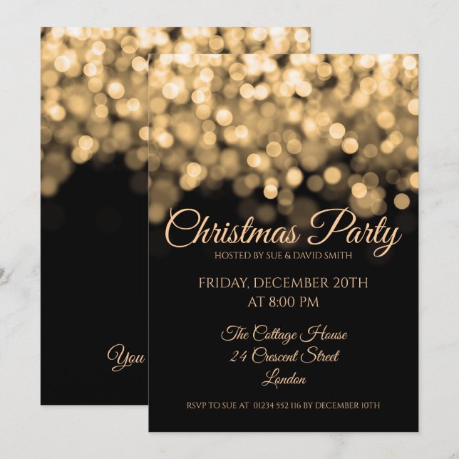 Elegant Gold Shimmering Lights Christmas Party Invitation (Front/Back)