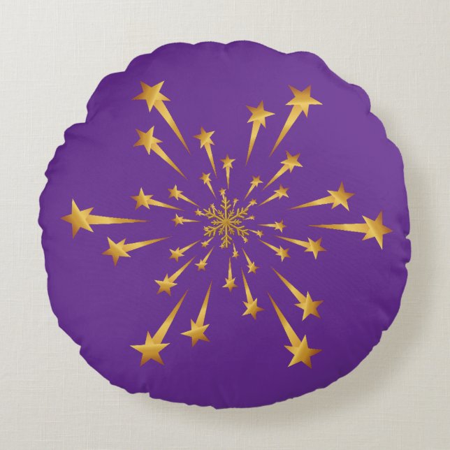 Elegant Gold Shooting Star Snowflake Fireworks Round Pillow (Front)