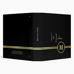 Elegant Gold Signature Monogram on Black 3 Ring Binder