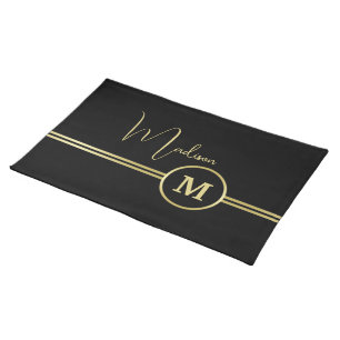 Elegant Gold Signature Monogram on Black Cloth Placemat