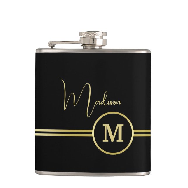 Elegant Gold Signature Monogram on Black Flask (Front)