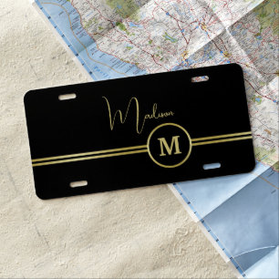 Elegant Gold Signature Monogram on Black License Plate