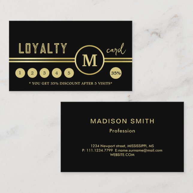 Elegant Gold Signature Monogram on Black Loyalty Card (Front/Back)