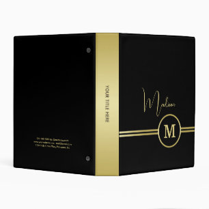 Elegant Gold Signature Monogram on Black Mini Binder