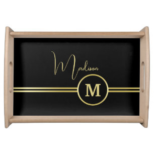 Elegant Gold Signature Monogram on Black Serving Tray