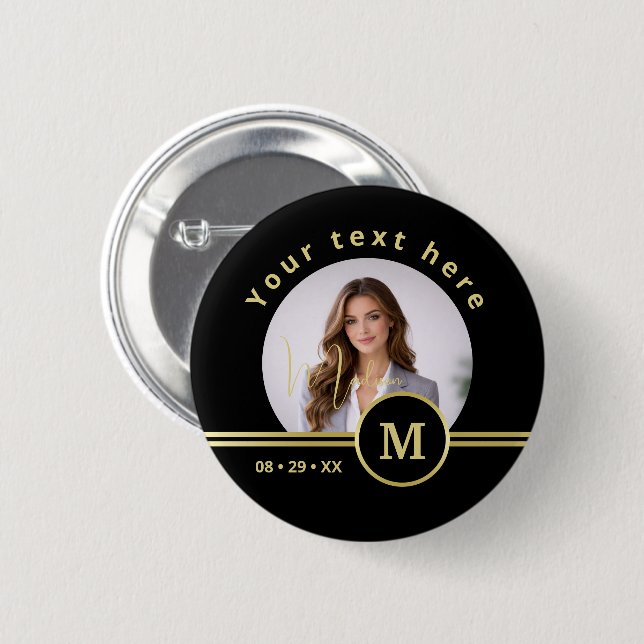 Elegant Gold Signature Monogram with Photo Button (Front & Back)