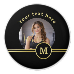 Elegant Gold Signature Monogram with Photo Ceramic Knob