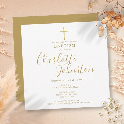 Elegant Gold Signature Script Baptism Christening  Invitation