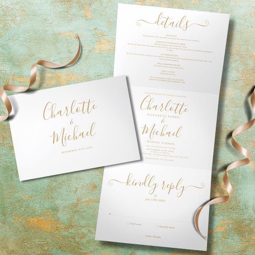 Elegant Gold Signature Script Monogram Wedding Tri_Fold Invitation