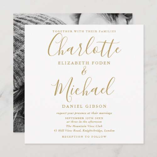 Elegant Gold Signature Script Wedding Photo Invitation