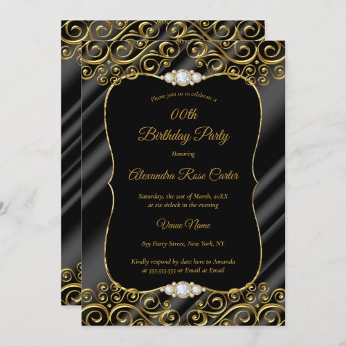 Elegant Gold Silk Black Diamond Birthday Party Invitation