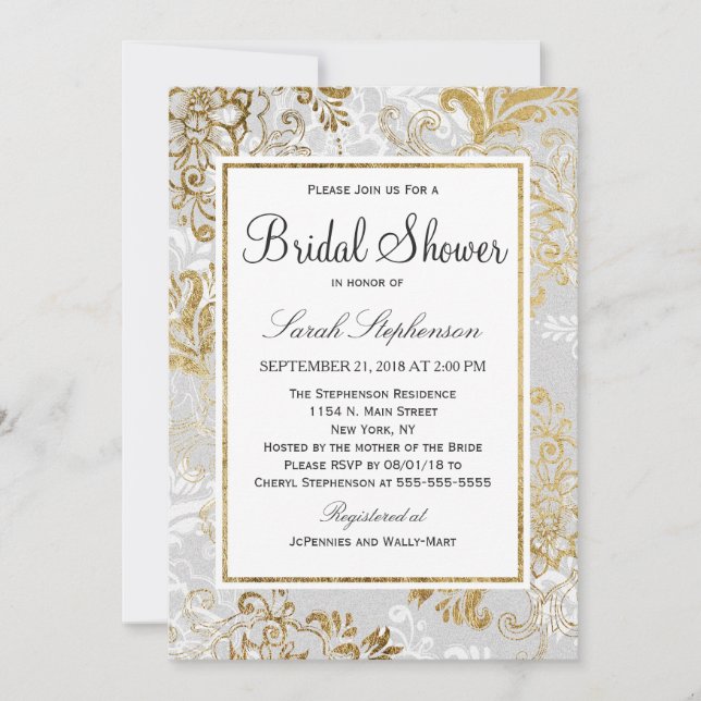 Elegant Gold Silver and Gray Floral Bridal Shower Invitation (Front)