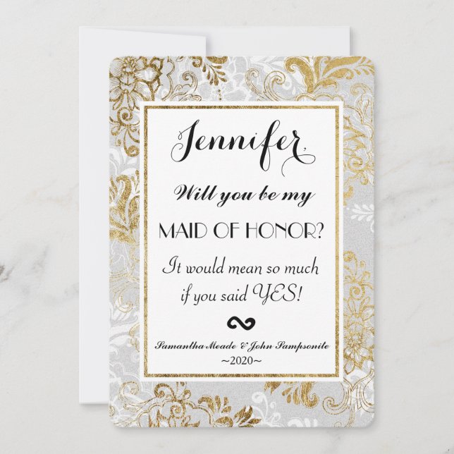 Elegant Gold Silver and Gray Floral Maid of Honor Invitation (Front)