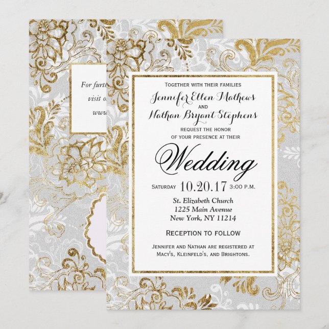 Elegant Gold Silver and Gray Floral Wedding Invitation (Front/Back)