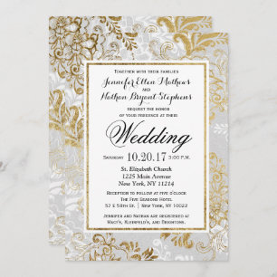 Elegant Gold Silver and Gray Floral Wedding Invitation
