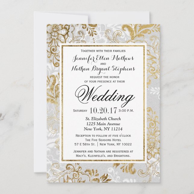 Elegant Gold Silver and Gray Floral Wedding Invite (Front)