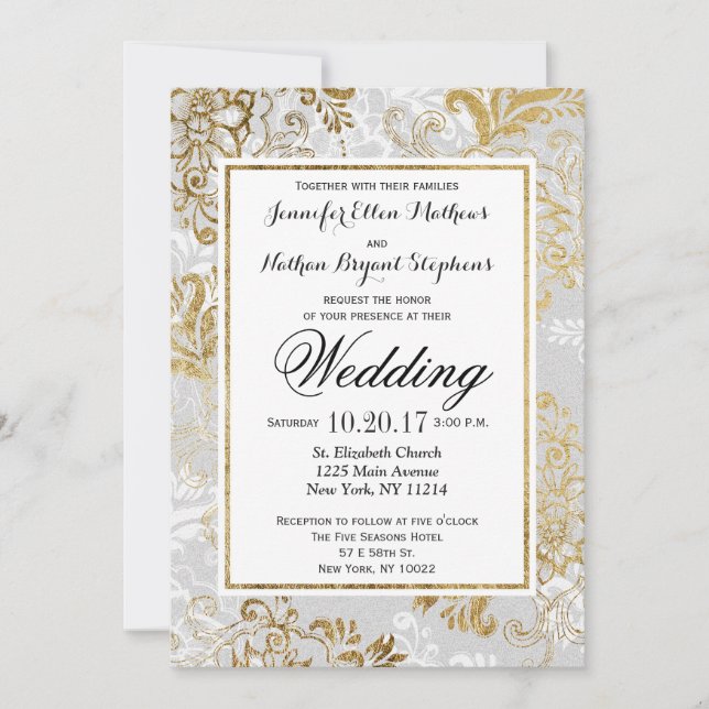 Elegant Gold Silver and Gray Floral Wedding Invite (Front)