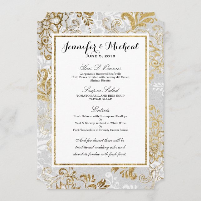 Elegant Gold Silver and Gray Floral Wedding Menu (Front)
