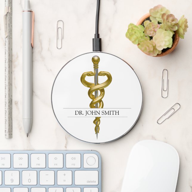 Elegant Gold Silver Asclepius Classy Noble Medical Wireless Charger (Desk)