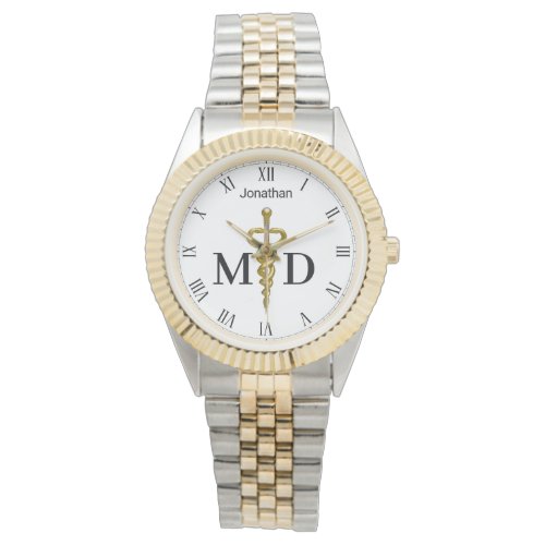 Elegant Gold Silver Asclepius Medical Doctor MD Watch