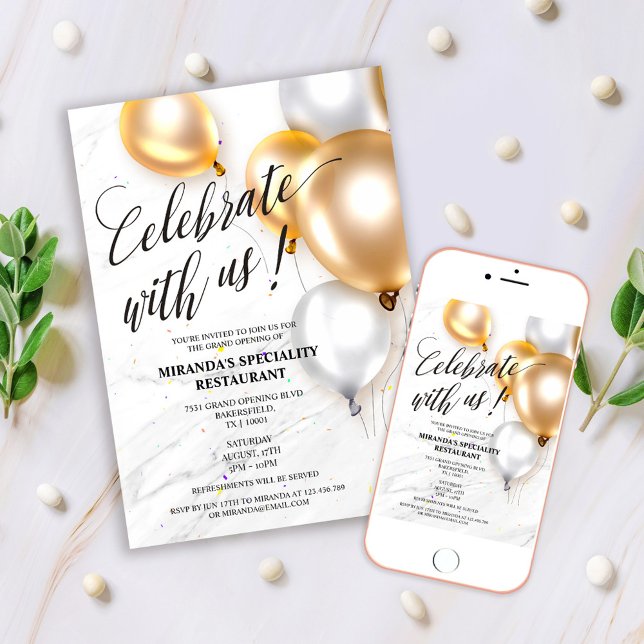 Elegant Gold Silver Balloons Grand Opening Invitation (Creator Uploaded)