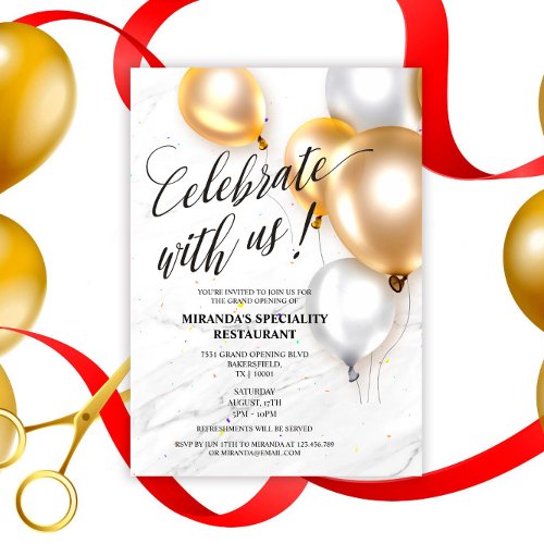 Elegant Gold Silver Balloons Grand Opening Invitation