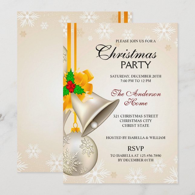 Elegant Gold Silver Bells Christmas Invitation (Front/Back)