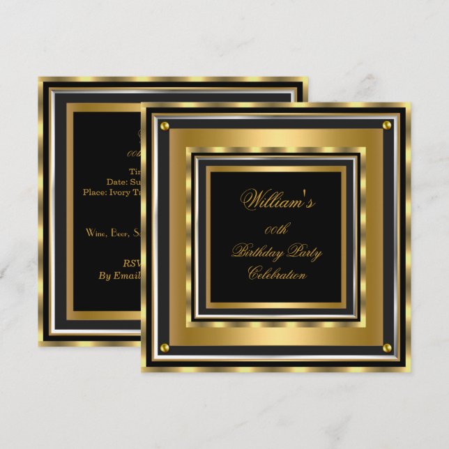 Elegant Gold Silver Black Birthday Party Mens Mans Invitation (Front/Back)