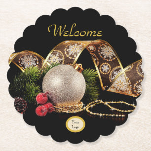 Elegant Gold Silver Black Corporate Holiday Party Paper Coaster