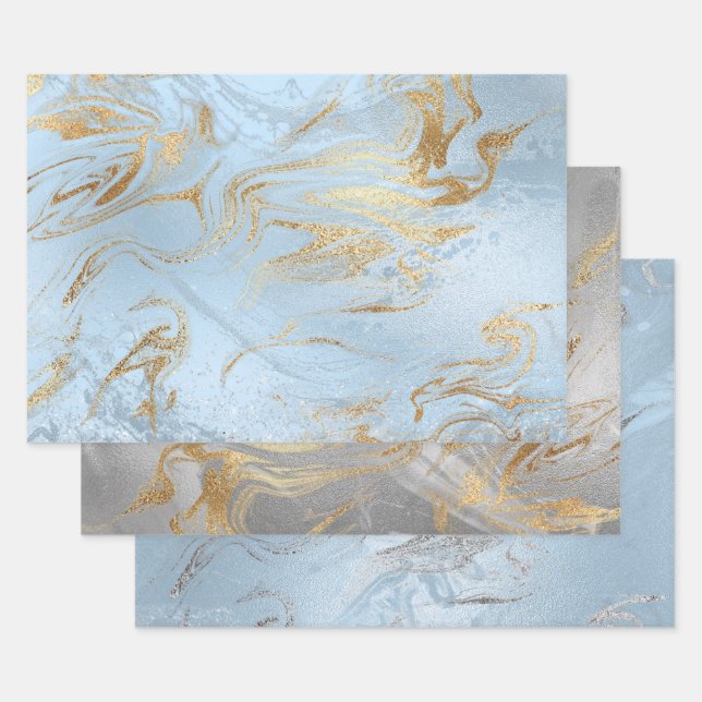Elegant gold silver blue marble    wrapping paper sheets (Set)