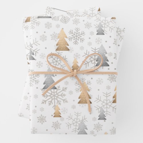 Elegant Gold  Silver Christmas Tree Snowflake Wrapping Paper Sheets