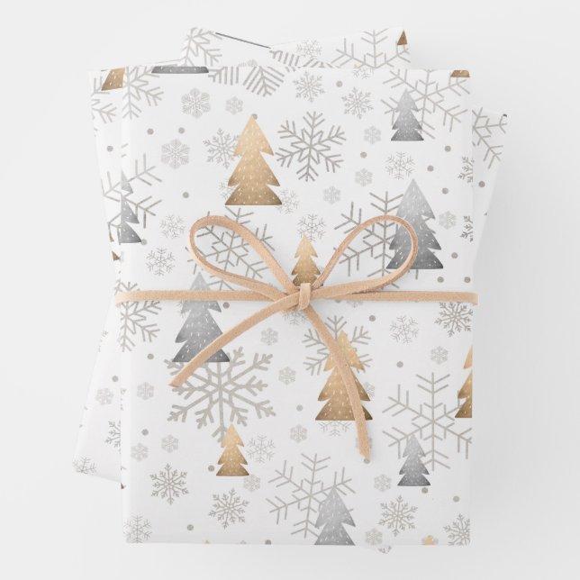 Elegant Gold & Silver Christmas Tree Snowflake Wrapping Paper Sheets (In situ)