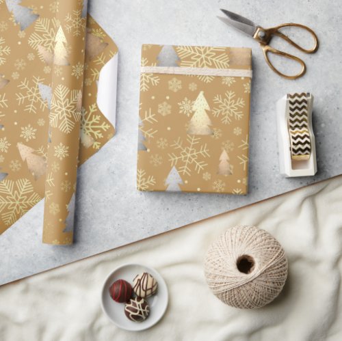 Elegant Gold  Silver Christmas Tree Snowflakes Wrapping Paper