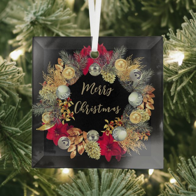 Elegant Gold Silver Christmas Wreath on Glass  Ornament (Insitu)