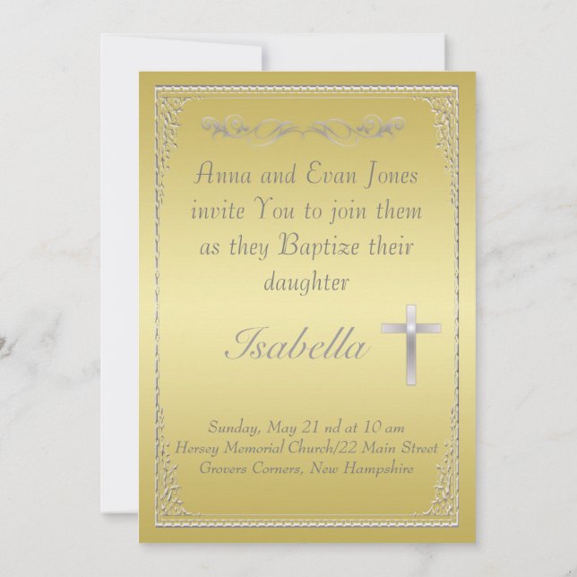 Elegant Gold&Silver damask silver Cross Baptism  Invitation (Back)