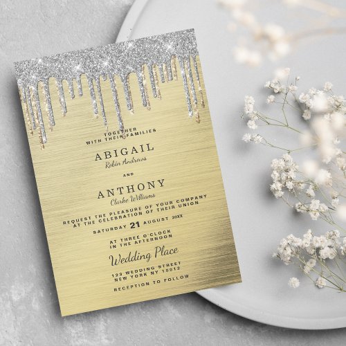 Elegant gold silver glitter drips white wedding  invitation