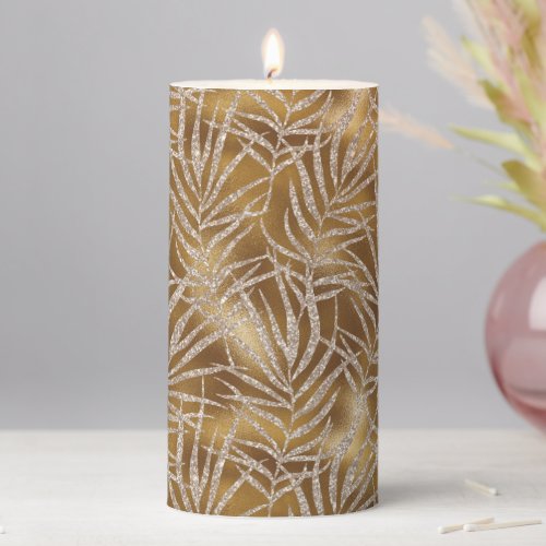Elegant Gold Silver Glitter Foliage Pattern Luxury Pillar Candle