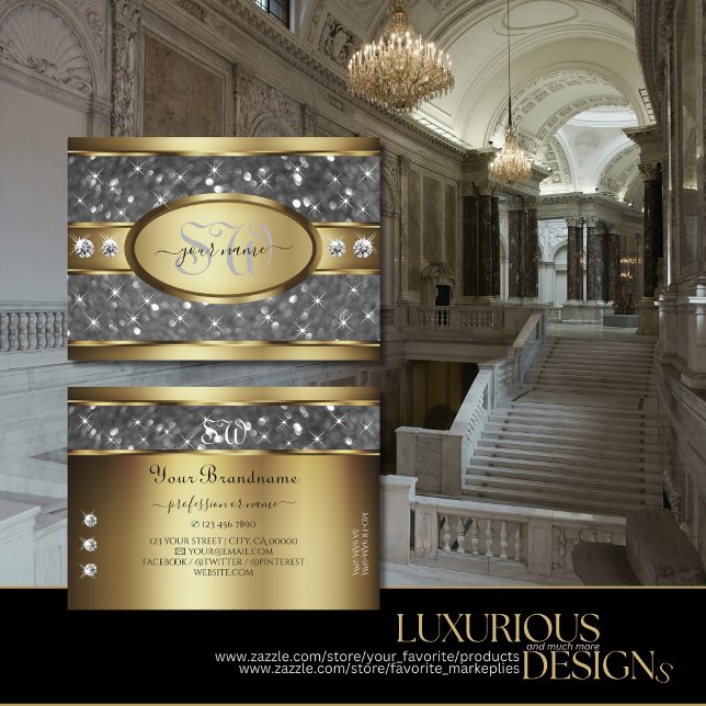 Elegant Gold Silver Glitter Stars Diamond Initials Business Card (Creator Uploaded)