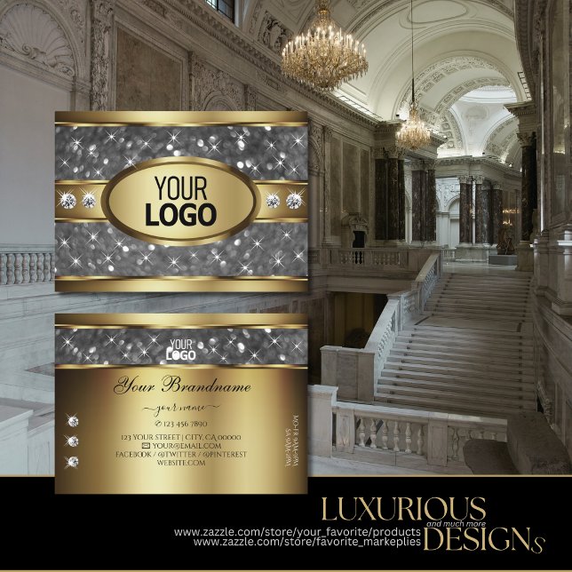 Elegant Gold Silver Glitter Stars Diamonds Logo Business Card (Creator Uploaded)