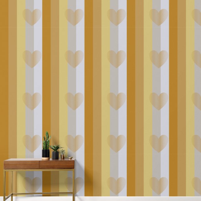 Elegant Gold Silver Grey Striped Hearts Pattern Wallpaper (Hallway)