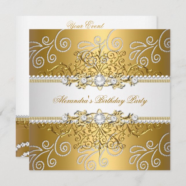 Elegant Gold Silver Lace Diamond Overlay Pearls Invitation (Front/Back)