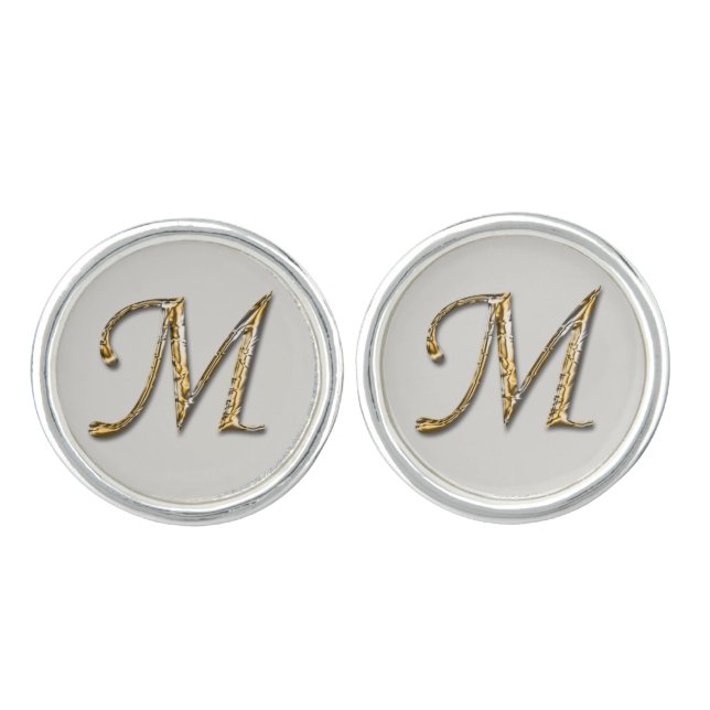Elegant Gold Silver Letter M Monogram Initial Cufflinks (Front)