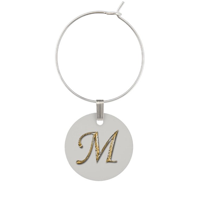 Elegant Gold Silver Letter M Monogram Initial Wine Charm (Front)