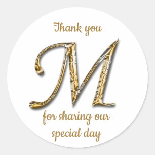 Elegant Gold Silver Letter M Monogram Thank You Classic Round Sticker