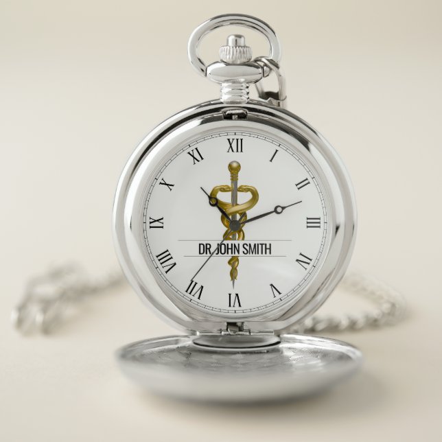 Elegant Gold Silver Medical Asclepius Name Pocket Pocket Watch (Inside)
