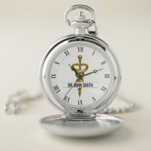 Elegant Gold Silver Medical Asclepius Name Pocket Watch