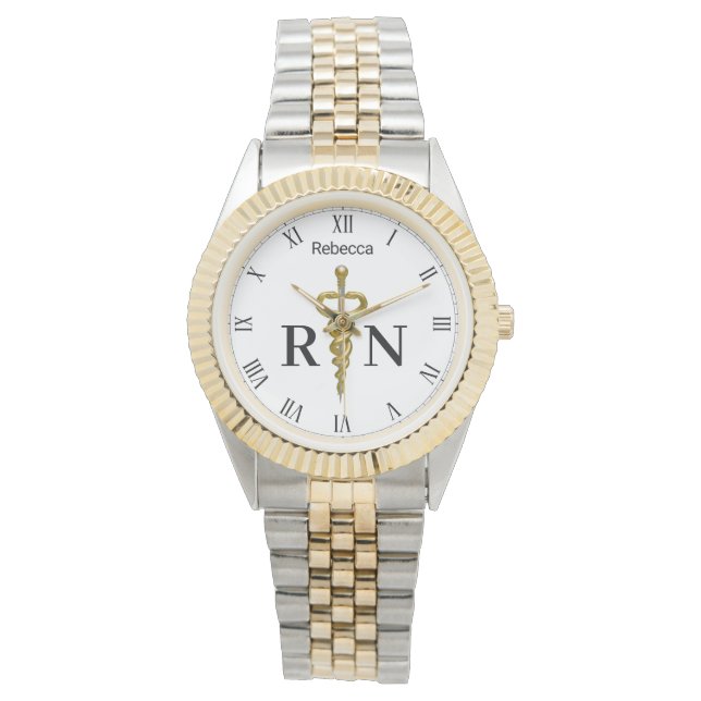 Elegant Gold Silver Medical Asclepius Nurse RN Watch (Front)